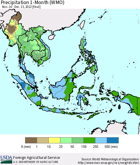 South East Asia Precipitation 1-Month (WMO) Thematic Map For 11/16/2022 - 12/15/2022