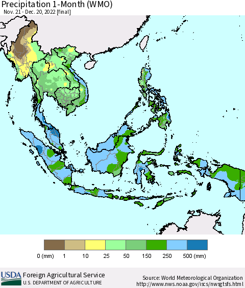 South East Asia Precipitation 1-Month (WMO) Thematic Map For 11/21/2022 - 12/20/2022