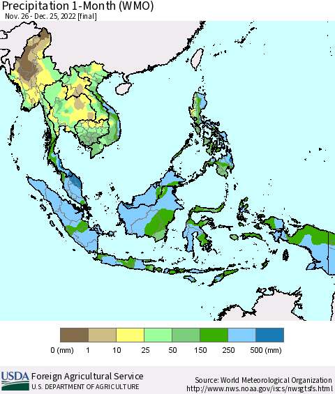 South East Asia Precipitation 1-Month (WMO) Thematic Map For 11/26/2022 - 12/25/2022