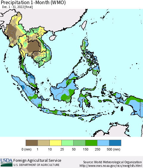 South East Asia Precipitation 1-Month (WMO) Thematic Map For 12/1/2022 - 12/31/2022