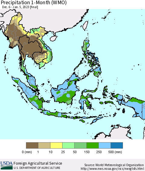 South East Asia Precipitation 1-Month (WMO) Thematic Map For 12/6/2022 - 1/5/2023