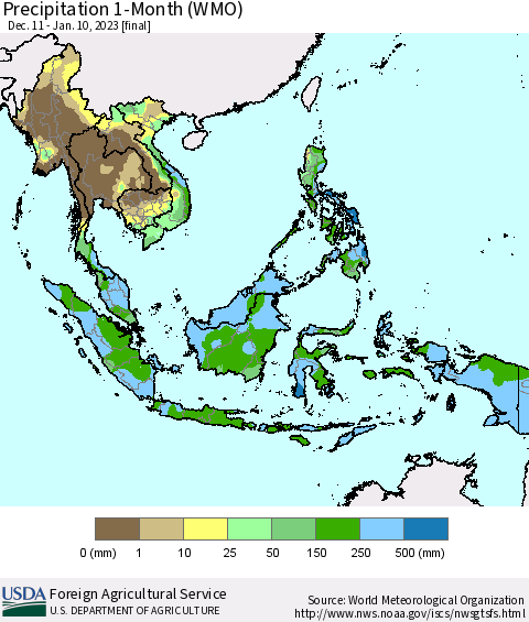 South East Asia Precipitation 1-Month (WMO) Thematic Map For 12/11/2022 - 1/10/2023