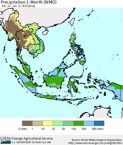 South East Asia Precipitation 1-Month (WMO) Thematic Map For 12/16/2022 - 1/15/2023