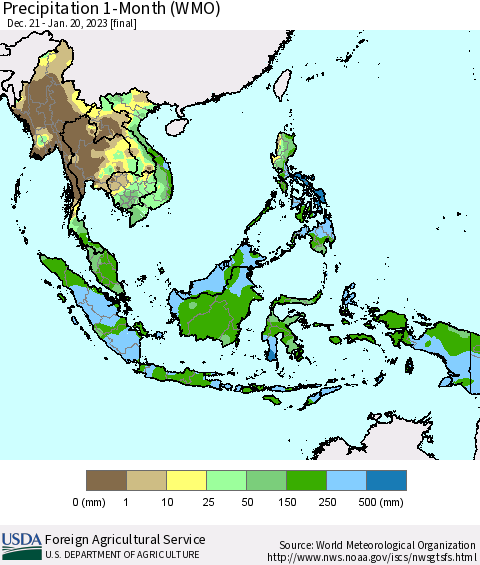 South East Asia Precipitation 1-Month (WMO) Thematic Map For 12/21/2022 - 1/20/2023