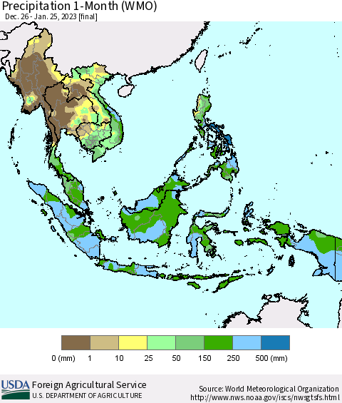 South East Asia Precipitation 1-Month (WMO) Thematic Map For 12/26/2022 - 1/25/2023