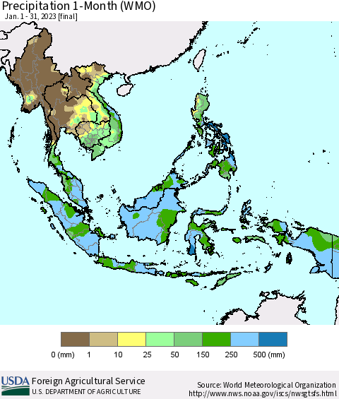 South East Asia Precipitation 1-Month (WMO) Thematic Map For 1/1/2023 - 1/31/2023