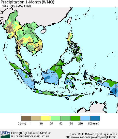 South East Asia Precipitation 1-Month (WMO) Thematic Map For 3/6/2023 - 4/5/2023