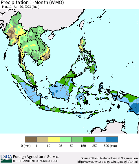 South East Asia Precipitation 1-Month (WMO) Thematic Map For 3/11/2023 - 4/10/2023