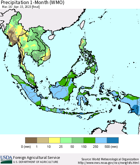 South East Asia Precipitation 1-Month (WMO) Thematic Map For 3/16/2023 - 4/15/2023