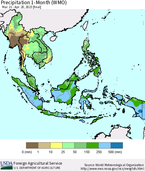 South East Asia Precipitation 1-Month (WMO) Thematic Map For 3/21/2023 - 4/20/2023