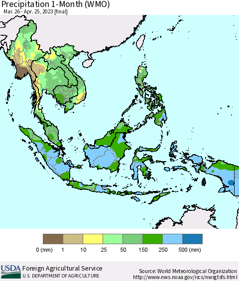South East Asia Precipitation 1-Month (WMO) Thematic Map For 3/26/2023 - 4/25/2023