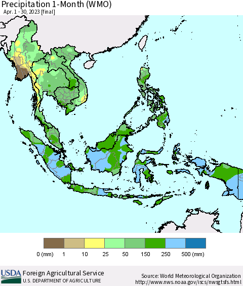 South East Asia Precipitation 1-Month (WMO) Thematic Map For 4/1/2023 - 4/30/2023