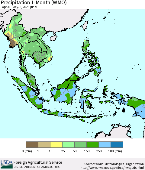 South East Asia Precipitation 1-Month (WMO) Thematic Map For 4/6/2023 - 5/5/2023