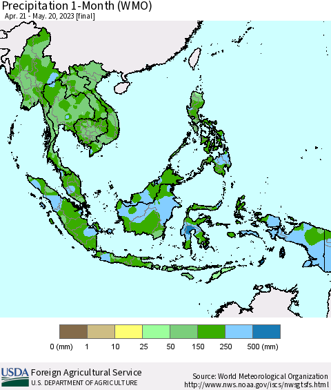 South East Asia Precipitation 1-Month (WMO) Thematic Map For 4/21/2023 - 5/20/2023