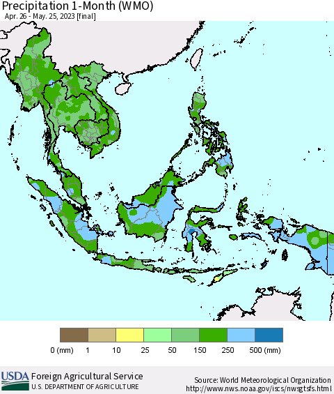 South East Asia Precipitation 1-Month (WMO) Thematic Map For 4/26/2023 - 5/25/2023