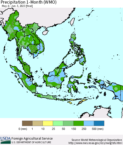 South East Asia Precipitation 1-Month (WMO) Thematic Map For 5/6/2023 - 6/5/2023