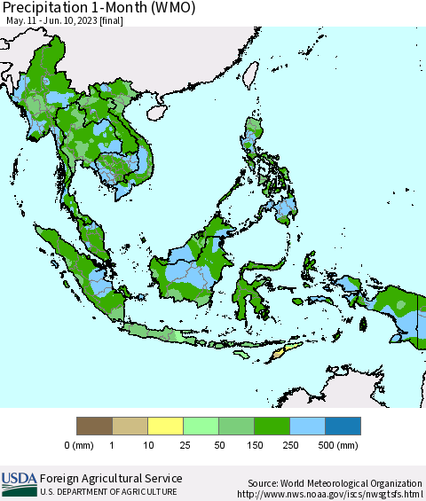 South East Asia Precipitation 1-Month (WMO) Thematic Map For 5/11/2023 - 6/10/2023