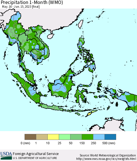 South East Asia Precipitation 1-Month (WMO) Thematic Map For 5/16/2023 - 6/15/2023
