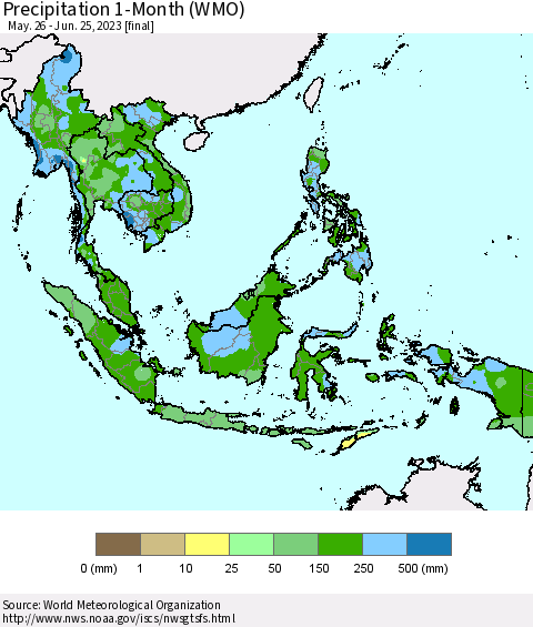 South East Asia Precipitation 1-Month (WMO) Thematic Map For 5/26/2023 - 6/25/2023