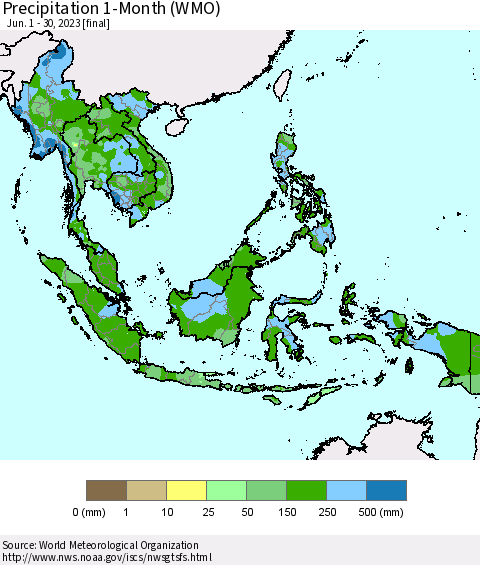 South East Asia Precipitation 1-Month (WMO) Thematic Map For 6/1/2023 - 6/30/2023