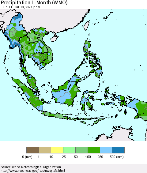 South East Asia Precipitation 1-Month (WMO) Thematic Map For 6/11/2023 - 7/10/2023