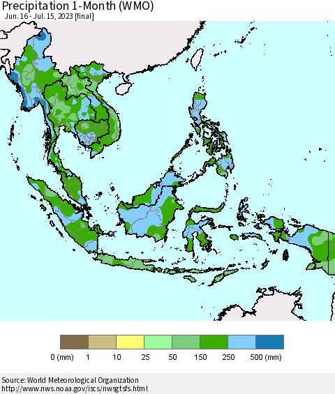 South East Asia Precipitation 1-Month (WMO) Thematic Map For 6/16/2023 - 7/15/2023