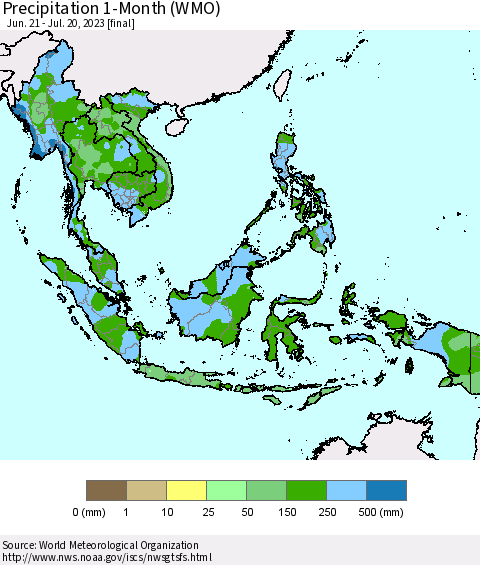 South East Asia Precipitation 1-Month (WMO) Thematic Map For 6/21/2023 - 7/20/2023