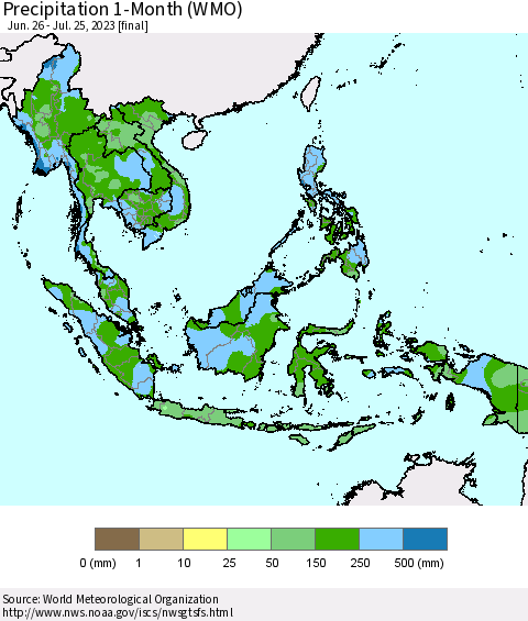 South East Asia Precipitation 1-Month (WMO) Thematic Map For 6/26/2023 - 7/25/2023