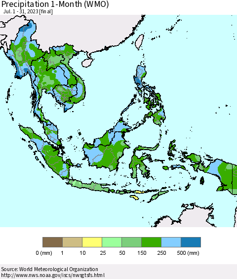 South East Asia Precipitation 1-Month (WMO) Thematic Map For 7/1/2023 - 7/31/2023