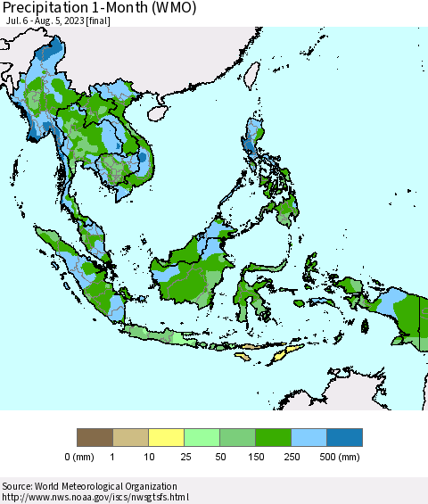 South East Asia Precipitation 1-Month (WMO) Thematic Map For 7/6/2023 - 8/5/2023