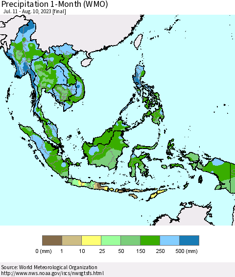 South East Asia Precipitation 1-Month (WMO) Thematic Map For 7/11/2023 - 8/10/2023