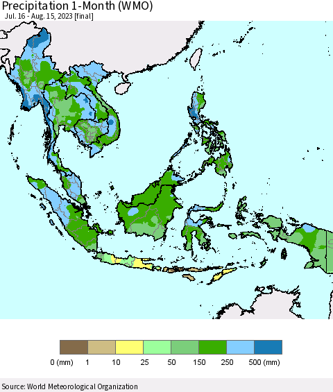 South East Asia Precipitation 1-Month (WMO) Thematic Map For 7/16/2023 - 8/15/2023