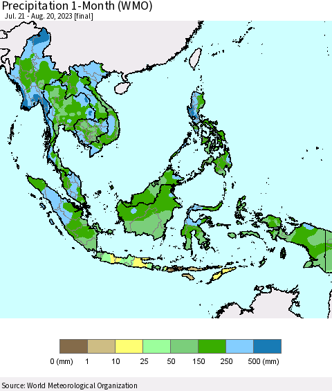 South East Asia Precipitation 1-Month (WMO) Thematic Map For 7/21/2023 - 8/20/2023