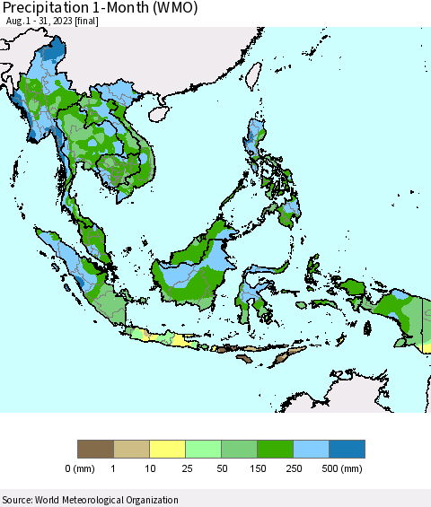 South East Asia Precipitation 1-Month (WMO) Thematic Map For 8/1/2023 - 8/31/2023
