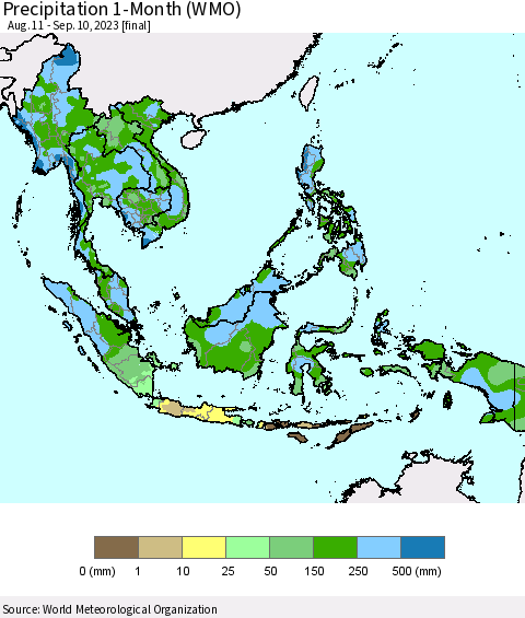 South East Asia Precipitation 1-Month (WMO) Thematic Map For 8/11/2023 - 9/10/2023