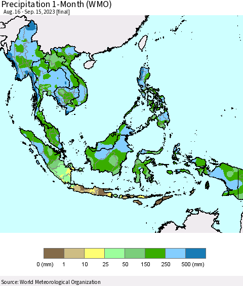 South East Asia Precipitation 1-Month (WMO) Thematic Map For 8/16/2023 - 9/15/2023