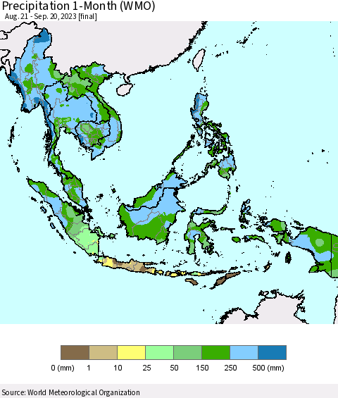 South East Asia Precipitation 1-Month (WMO) Thematic Map For 8/21/2023 - 9/20/2023