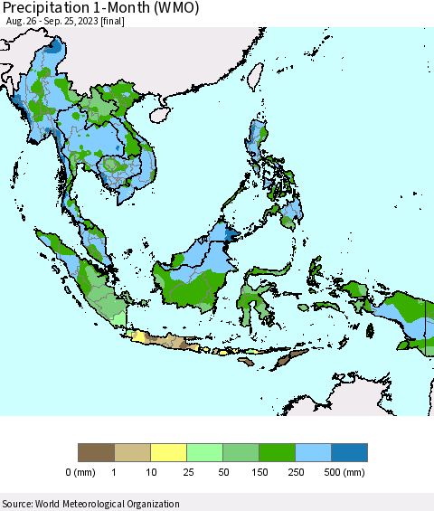 South East Asia Precipitation 1-Month (WMO) Thematic Map For 8/26/2023 - 9/25/2023