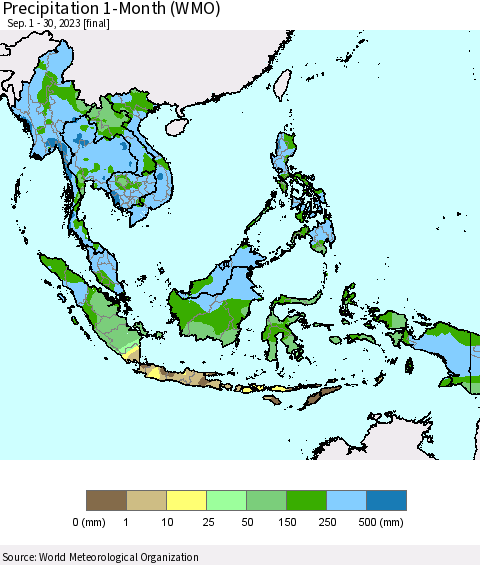 South East Asia Precipitation 1-Month (WMO) Thematic Map For 9/1/2023 - 9/30/2023
