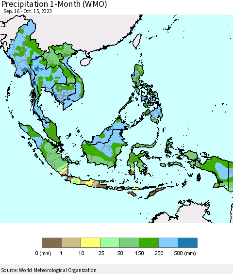 South East Asia Precipitation 1-Month (WMO) Thematic Map For 9/16/2023 - 10/15/2023