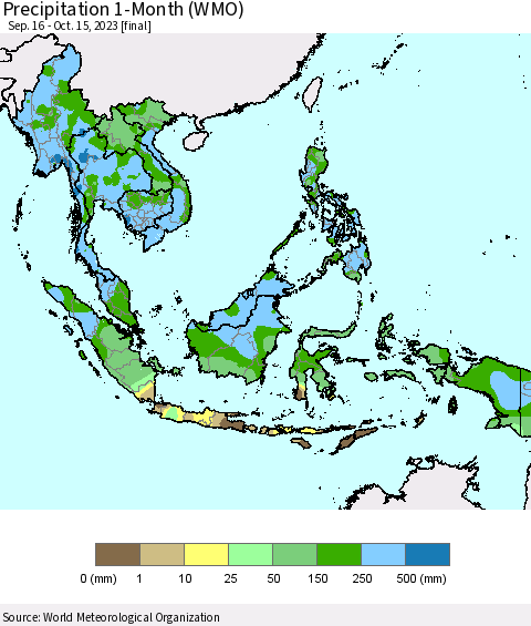 South East Asia Precipitation 1-Month (WMO) Thematic Map For 9/16/2023 - 10/15/2023