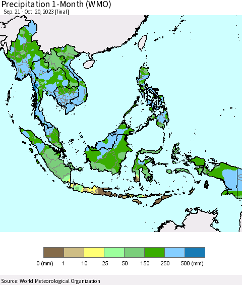 South East Asia Precipitation 1-Month (WMO) Thematic Map For 9/21/2023 - 10/20/2023