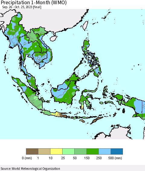 South East Asia Precipitation 1-Month (WMO) Thematic Map For 9/26/2023 - 10/25/2023