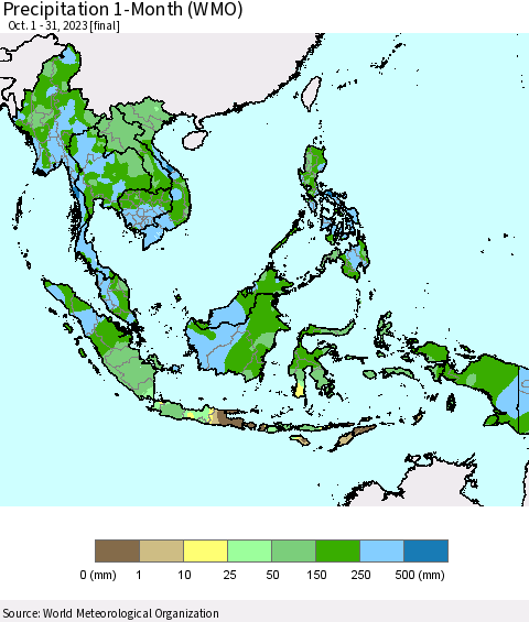 South East Asia Precipitation 1-Month (WMO) Thematic Map For 10/1/2023 - 10/31/2023