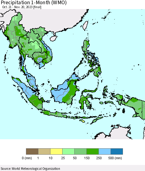 South East Asia Precipitation 1-Month (WMO) Thematic Map For 10/21/2023 - 11/20/2023