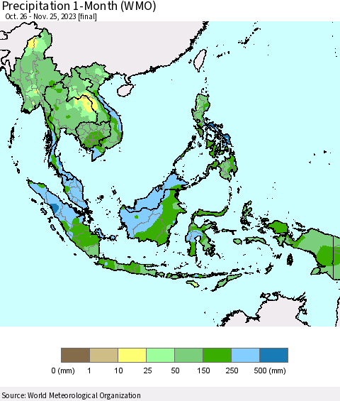 South East Asia Precipitation 1-Month (WMO) Thematic Map For 10/26/2023 - 11/25/2023