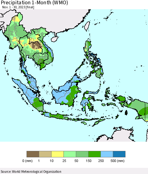 South East Asia Precipitation 1-Month (WMO) Thematic Map For 11/1/2023 - 11/30/2023