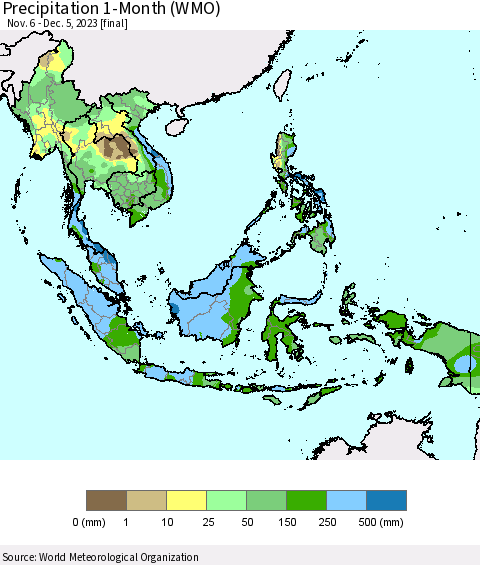 South East Asia Precipitation 1-Month (WMO) Thematic Map For 11/6/2023 - 12/5/2023