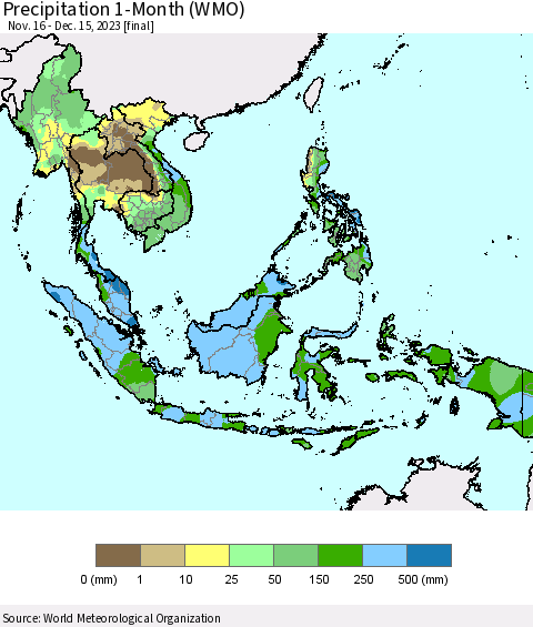 South East Asia Precipitation 1-Month (WMO) Thematic Map For 11/16/2023 - 12/15/2023