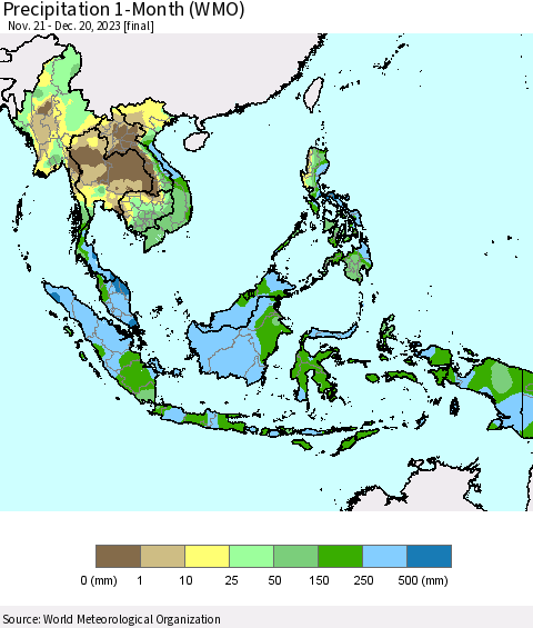 South East Asia Precipitation 1-Month (WMO) Thematic Map For 11/21/2023 - 12/20/2023
